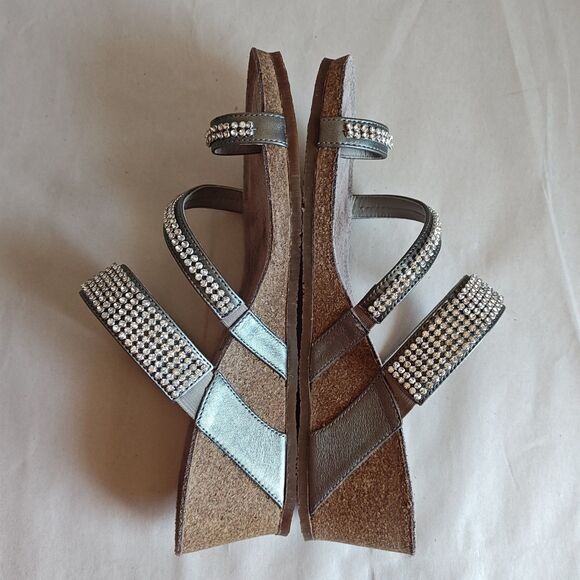 Mephisto Milly Shoes Womens Size 7 Steel Silver Wedge Sandals Rhinestone Straps - Picture 8 of 15